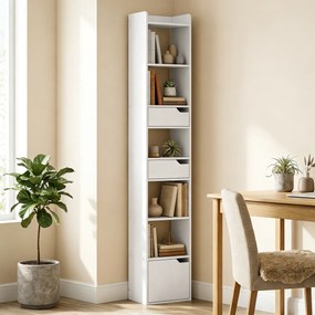 Estante para Livros com 2 Gavetas e Porta Estante Estreita com 6 Prateleiras Abertas 32x24x181,5 cm Branco