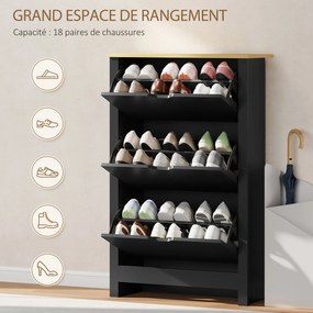 Sapateira com 3 portas 72 (L) x 26 (P) x 112 (A) cm basculantes e 2 compartimentos, em aglomerado de partículas, em cor de carvalho e preto