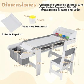 Conjunto de Mesa de Arte Infantil e Cadeira, 136 x 45,5 x 67 cm, Rolo de Desenho, Cinzento+Branco