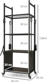 Suporte para Lenha com Rodas de 4 Níveis com Pá Escova Atiçador e Tenaz para Interior e Exterior 45x30x118 cm Preto