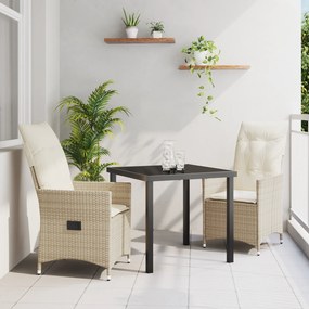 vidaXL Conjunto de Jantar de Jardim 3 Peças com Almofadas Bege Rattan Poliéster