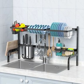 Escorredor Louça para lava louças ajustável em 2 comprimentos (53-99 cm) para cozinha com gancho para cesto Preto