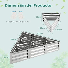 Canteiro de jardim elevado triangular galvanizado com luvas Kit de 6 caixas metálicas para legumes Flores Ervas 150 x 150 x 30 cm Prata