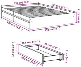 Estrutura de cama c/ gavetas 135x190 cm derivados madeira preto