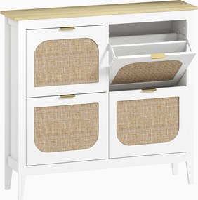 HOMCOM Sapateira Estreita com 4 Portas em Vime e Prateleiras Ajustáveis para 20 Pares de Sapatos 105x24x95,5 cm Branco | Aosom Portugal