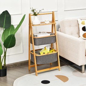 Organizador com 2 Cestos de Roupa de Bambu com Estrutura de Prateleira A Lavandaria de Banho Prateleira Natural e Cinzenta