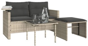 3 pcs conj. sofás jardim c/ almofadões vime PE cinzento-claro