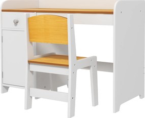 Conjunto de Secretária e Cadeira para Crianças Conjunto Infantil de 2 Peças com Gaveta e Armário para Quarto Branco e Natural