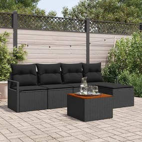 vidaXL Conjunto de Sofá de Jardim com 6 Peças e Almofadas em Rattan Preto e Acácia