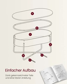 Mesa de centro oval 45 x 100 x 45,7 cm com espaço de arrumação e cesto em tecido, branco e castanho camelo