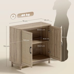 Aparador de sala 76 x 35 x 75,5 cm, móvel de arrumação com 2 portas em rattan, prateleira ajustável e cantos arredondados, cor carvalho