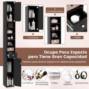 Armário de casa de banho alto e estreito com gaveta e 5 estantes ajustáveis 20 x 20 x 180 cm Preto
