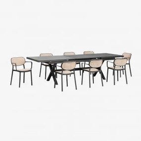 Conjunto De Mesa Retangular Extensível Karena 240-300x100 Cm E 8 Cadeiras De Jardim Empilháveis Com Apoios De Braços Omara Cinza Grafito - Sklum