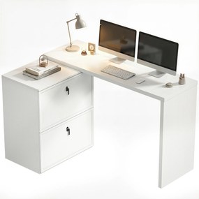 Secretária Reversível em Forma de L com 2 Gavetões Arquivadores, Design Moderno para Espaços Pequenos, Escritório Branco