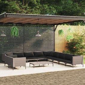 vidaXL 12 pcs conj. lounge jardim c/ almofadões vime PE cinza-escuro