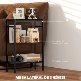 Mesa Auxiliar Estreita de 3 Níveis Mesinha Auxiliar Industrial com Prateleiras Abertas e Estrutura de Aço  43x18x62,5 cm Preto