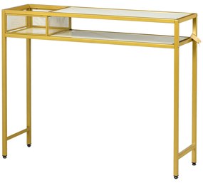 HOMCOM Mesa Consola com Prateleira Cesta de Armazenamento e Estrutura de Aço Móvel de Entrada 100x30x80 cm Dourado e Branco