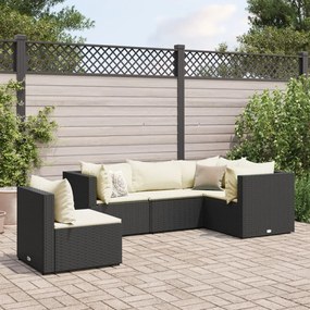 5 pcs conjunto lounge de jardim c/ almofadões vime PE preto