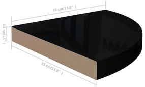 Prateleiras canto suspensas 2 pcs 35x35x3,8cm MDF preto brilh.