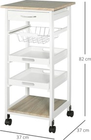 Carrinho de serviço de cozinha com rodas, cesto + 2 tabuleiros removíveis, gaveta, prateleira em MDF carvalho claro e pinho branco