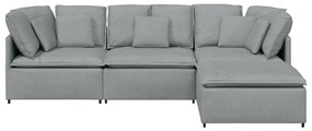 Sofá modular com pufes e almofadas tecido cinzento-claro