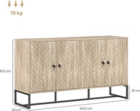 Aparador de Sala 140,5x40x81,5 cm com 4 Portas com Design Chevron Prateleiras Ajustáveis Pés de Aço cor Carvalho