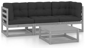 4 pcs conjunto lounge de jardim c/ almofadões pinho maciço