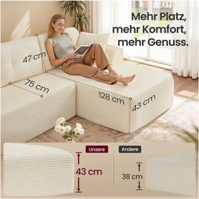 Sofá modular com 244 cm de largura e uma grande chaise longue à direita, em branco creme