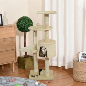 PawHut Árvore para gatos arranhador de gato de 4 andares com poste para arranhar Caverna Espaçosa Múltiplas plataformas Brinquedos engraçados 112x75x40 cm Bege