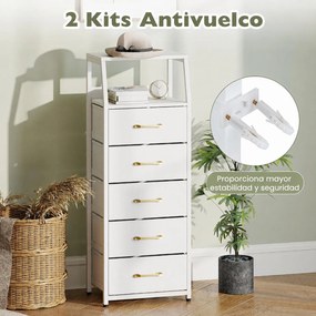 Cómoda de 5 Gavetas, 40,5 x 29 x 110,5 cm, Gavetas de Tecido Removíveis, Branco