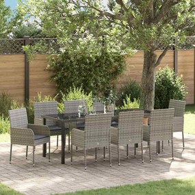 vidaXL Conjunto de 9 Peças de Jantar de Jardim com Almofadas Cinza Vime PE