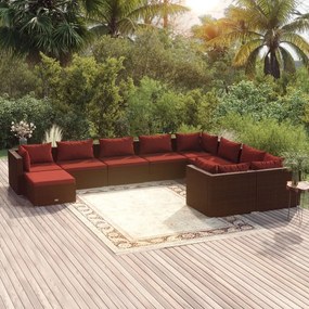 vidaXL 10 pcs conjunto lounge jardim c/ almofadões vime PE castanho