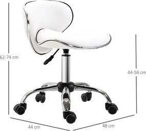 Banco com rodas, banco de trabalho com altura ajustável de 44 a 56 cm e encosto, giratório a 360°, branco