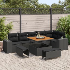 Conjunto de Sofá de Jardim de 9 Peças com Almofadas Rattan Preto Acácia