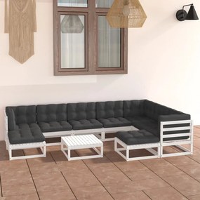 vidaXL 10 pcs conj. lounge de jardim c/ almofadões pinho maciço branco