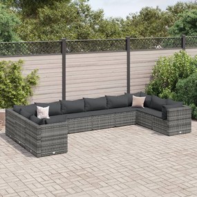 vidaXL 10 pcs conjunto lounge de jardim c/ almofadões vime PE cinzento