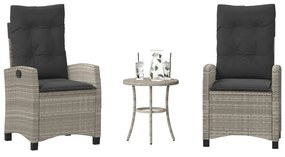 vidaXL 3 pcs conjunto bistrô com almofadões vime PE cinzento claro