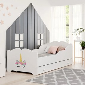 Cama infantil ANNA branca com gaveta 140x70 - unicórnio - colchão e estrado incluído