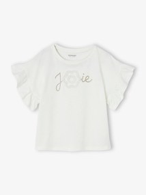 T-shirt de cerimónia com flor em relevo e letras com purpurinas, para menina branco
