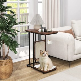 Arranhador para gatos com mesa de apoio em forma de C com tábua de arranhar Almofada amovível lavável Brinquedo pendurado 50 x 30 x 64 cm Castanho