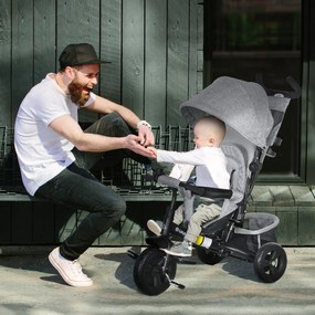 Triciclo para Bebés 2 em 1 de +12 Meses com Capota Dobrável Guiador Telescópico e Removível Bolsa e Porta-garrafas Cinza