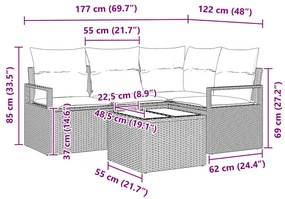 Conjunto de Sofá de Jardim com 5 Peças e Almofadas Rattan de Poliéster