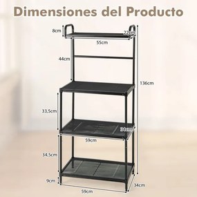 Estante de cozinha com 4 níveis para micro-ondas com estrutura metálica 60 x 34 x 136 cm Preto