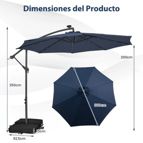 Guarda-sol de 3 m com manivela 32 luzes LED solar com Base de saco de areia pátio jardim piscina Azul