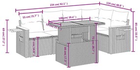 6 pcs conjunto sofás de jardim c/ almofadões vime PE preto