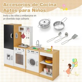 Cozinha de brincar para crianças em madeira 127 × 31 × 107 cm com sons e luzes realistas Dispensador Natural + Branco