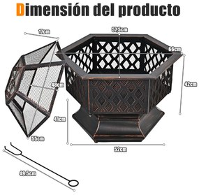 Braseira Exterior lenha portátil com 66 cm de forma hexagonal para lenha de fogo ao ar livre com tampa