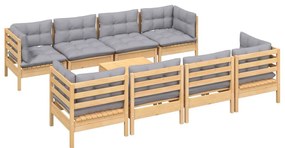 9 pcs conjunto lounge de jardim + almofadões cinza pinho maciço