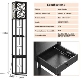 Candeeiro de pé moderno com estante, prateleiras e gaveta com 2 portas USB para sala de estar 26 x 26 x 160,5 cm Preto