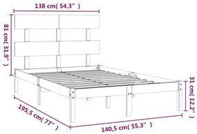 Estrutura de cama casal 135x190 cm madeira maciça cinzento